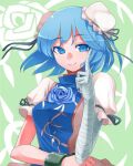  1girl artist_request bandaged_arm bandages blue_eyes blue_hair blue_ribbon blue_tabard breasts chinese_clothes cosplay cuffs double_bun eyebrows_visible_through_hair flower ibaraki_kasen ibaraki_kasen_(cosplay) kaku_seiga large_breasts puffy_short_sleeves puffy_sleeves ribbon rose shackles shirt short_hair short_sleeves smile tabard touhou upper_body vine_print white_shirt 