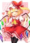  1girl absurdres arm_up ascot bangs black_legwear blonde_hair blush bow closed_eyes commentary_request crystal eyebrows_visible_through_hair eyelashes fang flandre_scarlet frilled_shirt_collar frilled_skirt frilled_sleeves frills hat hat_bow heart highres mob_cap multicolored_wings one_side_up open_mouth pink_background red_skirt red_vest ruhika sash side_ponytail simple_background skirt solo spoken_heart standing thigh-highs tongue touhou upper_body vest wings wrist_cuffs zettai_ryouiki 