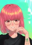  1girl absurdres bangs black_shirt blush commentary earrings english_commentary eungi glasses green_background green_nails hand_up highres jewelry medium_hair mismatched_nail_polish original pink_eyes pink_hair pink_nails portrait purple_nails shiny shiny_hair shirt solo teeth 