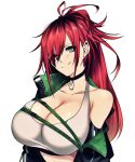  1girl black_neckwear breasts camui_kamui choker crop_top dog_tags ear_piercing green_eyes green_jacket hair_over_one_eye huge_breasts jacket long_hair looking_at_viewer original piercing ponytail redhead shirt smile upper_body white_shirt 