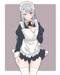  1girl alternate_costume apron artist_logo asymmetrical_bangs bangs black_dress border commentary_request cowboy_shot dress enmaided frilled_apron frills grey_background grey_hair hand_on_own_chest highres kantai_collection long_hair maid maid_apron maid_headdress mochizou one-hour_drawing_challenge sagiri_(kancolle) solo standing string_tie swept_bangs thigh-highs two-tone_background violet_eyes white_apron white_border white_legwear wrist_cuffs 