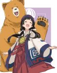  1girl ainu_clothes amayadori_machi bangs bear blunt_bangs commission gloves hakama hakama_skirt headband highres japanese_clothes kumai_natsu kumamiko low_twintails medallion miko rauto red_hakama ribbon-trimmed_gloves ribbon_trim skirt twintails 