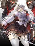  1girl azur_lane black_cape black_gloves black_hairband black_panties black_skirt blue_eyes breasts buttons cape cross cross_earrings double-breasted earrings from_below garter_straps genshi_usagi gloves gradient gradient_background grey_background hairband half_gloves highres holding holding_sword holding_weapon iron_cross jacket jewelry mainz_(azur_lane) mechanical_animal medium_breasts miniskirt panties pleated_skirt red_cape rigging sheath skirt solo sword thigh-highs thigh_strap thighs turret two-tone_cape underwear unsheathed weapon white_hair white_jacket white_legwear 