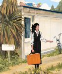  1boy 1girl bag bicycle black_hair blue_hair dress feleven franky ground_vehicle hand_up highres holding holding_bag mailbox_(incoming_mail) nico_robin one_piece outdoors petals plant ponytail smile solo_focus 