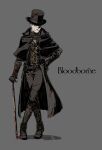  1boy absurdres bangs black_capelet black_coat black_headwear blood blood_on_clothes bloodborne boots brown_footwear brown_gloves brown_pants cane capelet coat commentary_request copyright_name crossed_legs facial_hair gloves goatee grey_background hat highres hunter_(bloodborne) kamezaemon knee_boots looking_at_viewer pants simple_background smile solo standing top_hat watson_cross 