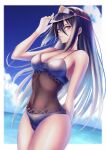  1girl absurdres arm_behind_head bikini black_bikini black_hair blue_sky breasts clouds cowboy_shot day front-tie_bikini front-tie_top hakusai_(hksicabb) highres layered_bikini medium_breasts morag_ladair_(xenoblade) navel ocean sky solo swimsuit xenoblade_chronicles_(series) xenoblade_chronicles_2 