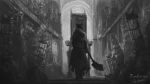  1other ambiguous_gender artist_name bloodborne cage capelet chair coat commentary_request copyright_name from_behind greyscale hat highres holding holding_weapon monochrome saw_cleaver scenery solo standing tricorne tripdancer weapon 