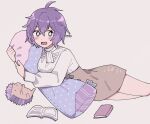  1girl bernadetta_von_varley book fire_emblem garreg_mach_monastery_uniform highres lying object_hug open_book pillow pillow_hug purple_hair remoooon solo stuffed_animal stuffed_toy violet_eyes 