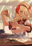  1girl absurdres blonde_hair blush cheese_trail eating eyebrows_visible_through_hair food hat highres holding holding_food holding_pizza moutama multicolored_hair original pizza pizza_slice red_eyes redhead shorts smile solo steam upper_body white_hair 