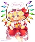  1girl :d absurdres animal_ear_fluff animal_ears animal_hands ascot bell blonde_hair cat_ears cat_tail choker claws commentary_request crystal dress english_text fang flandre_scarlet frilled_shirt_collar frilled_skirt frills gloves hair_between_eyes highres jingle_bell kemonomimi_mode looking_at_viewer multicolored_wings one_side_up open_mouth paw_gloves puffy_short_sleeves puffy_sleeves red_choker red_dress red_eyes red_ribbon red_skirt red_vest ribbon ruhika short_sleeves side_ponytail simple_background skirt smile solo speech_bubble tail tail_ornament tail_ribbon tongue touhou vest white_background wings 