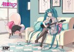  1girl aqua_eyes aqua_hair black_legwear black_neckwear black_ribbon cat chair character_name commentary_request couch crossed_legs crypton_future_media cushion dress electric_guitar esp_guitars flower guitar hair_ornament hatsune_miku holding holding_instrument indoors instrument ixima long_hair looking_to_the_side music neck_ribbon official_art open_mouth piapro picture_(object) playing_instrument ribbon room rug short_sleeves sitting slippers smile solo starfish thigh-highs twintails very_long_hair vocaloid white_dress white_footwear window wooden_floor 