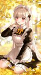  1girl black_dress dot_nose dress eyebrows_visible_through_hair frills highres light_blush looking_at_viewer maid on_ground open_mouth original poddo_(potto) yellow_leaves 