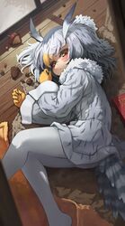  1girl bird_girl bird_tail bird_wings blonde_hair blush coat commentary_request eyebrows_visible_through_hair fur_collar gloves grey_hair hair_between_eyes head_wings highres kemono_friends long_sleeves looking_at_viewer lying melaton multicolored_hair no_shoes northern_white-faced_owl_(kemono_friends) on_floor on_side orange_eyes owl_ears pantyhose short_hair solo tail white_coat white_fur white_hair white_legwear wings winter_clothes winter_coat yellow_gloves 