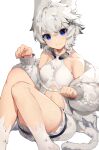  1girl :3 akizone alchemy_stars animal_ears bangs bare_shoulders blue_eyes blush breasts cat_tail collarbone commentary feet_out_of_frame grey_hair grey_jacket highres jacket knees_up long_hair long_sleeves looking_at_viewer medium_breasts navel paw_pose philyshy_(alchemy_stars) puffy_long_sleeves puffy_sleeves shiny shiny_skin short_hair simple_background smile solo tail thigh-highs white_background 