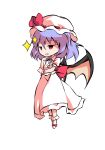  1girl bangs bat_wings black_eyes bow chibi collar collared_dress dairi dress eyebrows_visible_through_hair full_body hair_between_eyes hands_up hat hat_ribbon looking_to_the_side mob_cap no_shoes open_mouth pink_eyes puffy_short_sleeves puffy_sleeves purple_hair red_bow red_ribbon remilia_scarlet ribbon short_hair short_sleeves simple_background smile smug socks solo standing star_(symbol) tachi-e touhou white_background white_dress white_headwear white_legwear white_sleeves wings wrist_cuffs 