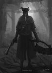  1other ambiguous_gender artist_name bloodborne capelet coat commentary_request copyright_name from_behind grey_background gun handgun hat highres holding holding_gun holding_weapon long_hair pistol ponytail saw_cleaver solo standing tricorne tripdancer weapon 