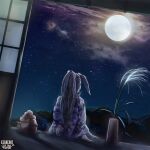  1girl bangs black_hair commentary_request copyright_name feet_out_of_frame floral_print from_behind full_moon japanese_clothes kerberos_blade kimono long_hair mizunosan mochi moon night outdoors ponytail purple_kimono sitting sky solo star_(sky) starry_sky tree yukata 