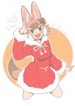  1girl absurdres animal_ears blush bow brown_eyes brown_hair christmas cowboy_shot dhole_(kemono_friends) dog_ears dog_girl dog_tail dress fur_trim green_bow hair_bow highres kemono_friends light_brown_hair long_sleeves multicolored_hair open_mouth red_bow red_dress santa_costume short_hair sidelocks smile solo tail translated user_zrdd5754 white_fur white_hair 