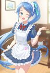  1girl alternate_costume aomi_one apron arm_up bangs blue_dress blue_eyes blue_hair blurry blurry_background blush commentary_request dress enmaided frilled_dress frills highres indoors kantai_collection long_hair looking_at_viewer maid maid_apron maid_headdress name_tag one_eye_closed open_mouth ponytail puffy_short_sleeves puffy_sleeves samidare_(kancolle) short_sleeves sidelocks solo swept_bangs very_long_hair wrist_cuffs 