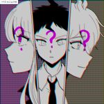  1girl 2boys ? ahoge amami_rantarou bangs blunt_bangs brown_background closed_mouth collared_shirt danganronpa:_trigger_happy_havoc danganronpa_(series) danganronpa_2:_goodbye_despair danganronpa_v3:_killing_harmony face green_background highres hinata_hajime kirigiri_kyouko long_hair messy_hair multiple_boys necktie portrait profile purple_background shirt short_hair smile tansug_(tansuk88) trait_connection translation_request 