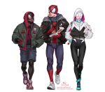  1girl 2boys adapted_costume backpack bag bodysuit bodysuit_under_clothes candy eating food full_body gwen_stacy hands_in_pocket headphones headphones_around_neck highres hood hoodie in-hyuk_lee jacket lollipop marvel mask miles_morales mouth_mask multiple_boys peter_parker pizza_box pizza_slice scarf shoes simple_background sneakers spider-gwen spider-man spider-man_(miles_morales) spider-man_(series) thigh_gap white_background 
