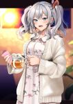  1girl alternate_costume blue_eyes blush breasts eyebrows_visible_through_hair floral_print hair_between_eyes highres holding kantai_collection kashima_(kancolle) large_breasts long_hair long_sleeves open_clothes open_mouth silver_hair smile solo tea twintails upper_body yunamaro 