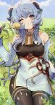  ahoge bangs bare_shoulders bell black_legwear blue_hair blush breasts chinese_knot detached_sleeves eyebrows_visible_through_hair flower flower_knot ganyu_(genshin_impact) genshin_impact gold_trim grass highres holding holding_flower horns long_hair looking_at_viewer medium_breasts neck_bell oh_(aung_ae) one_eye_closed open_mouth outdoors sidelocks sitting solo sweet_flower thighlet violet_eyes vision_(genshin_impact) white_sleeves 