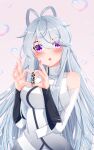  absurdres ahoge blush chinese_text douluo_dalu gu_yuena heart heart_bubbles heart_hands highres long_hair pink_background silver_hair violet_eyes weibo_id weibo_logo 