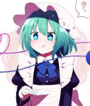  1girl :q ? alternate_costume apron bangs blue_bow blue_bowtie bow bowtie bright_pupils closed_mouth eyebrows_visible_through_hair food food_on_face green_eyes green_hair hat heart heart_of_string highres holding holding_plate juliet_sleeves komeiji_koishi long_sleeves looking_at_viewer looking_to_the_side maid mob_cap plate puffy_sleeves short_hair solo spoken_question_mark third_eye tongue tongue_out touhou upper_body white_headwear white_pupils you_(noanoamoemoe) 
