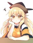  1girl bangs blonde_hair closed_mouth eyebrows_visible_through_hair hair_between_eyes hand_on_own_face hand_up long_hair looking_to_the_side matara_okina ougi_hina simple_background sitting solo table touhou white_background 