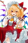  1girl ascot bangs blonde_hair blood blood_on_hands bow brooch commentary_request crystal eyebrows_visible_through_hair fang flandre_scarlet frilled_shirt frilled_shirt_collar frilled_skirt frilled_sleeves frills gotoh510 hair_between_eyes hat hat_ribbon highres jewelry long_hair looking_at_viewer mob_cap one_side_up puffy_short_sleeves puffy_sleeves red_bow red_eyes red_ribbon red_skirt red_vest ribbon shirt short_sleeves simple_background skirt solo teeth thigh-highs tongue tongue_out touhou upper_teeth vest white_background white_headwear white_legwear white_shirt wings yellow_neckwear 
