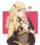  1girl ahoge arm_up bangs blonde_hair breasts bridal_gauntlets cleavage_cutout clothing_cutout covered_navel fire_emblem fire_emblem_fates grey_eyes guti-mnez heart highres long_hair looking_at_viewer medium_breasts ophelia_(fire_emblem) smile solo turtleneck 