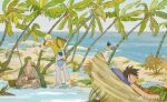  bag banana_boat barefoot black_hair blonde_hair boat feleven fishing fishing_rod green_hair highres island japanese_clothes monkey_d._luffy one_piece palm_tree rain roronoa_zoro sanji scar sleeping sleeveless sleeves_rolled_up tony_tony_chopper tree watercraft 