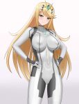  1girl blonde_hair bodysuit breasts closed_mouth cosplay covered_navel covered_nipples female fire hair_ornament highres higofushi large_breasts looking_at_viewer metroid mythra_(xenoblade) navel nintendo plugsuit pose samus_aran samus_aran_(cosplay) simple_background skin_tight skindentation smile solo standing white_background xenoblade_chronicles_(series) xenoblade_chronicles_2 yellow_eyes zero_suit 