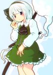  1girl ascot bangs black_ascot black_hairband blue_background blush buttons closed_mouth collar collared_shirt danpey dress eyebrows_visible_through_hair ghost ghost_print green_dress hairband hand_on_own_face hand_up highres katana konpaku_youmu konpaku_youmu_(ghost) long_sleeves looking_down looking_to_the_side one-hour_drawing_challenge polka_dot polka_dot_background puffy_long_sleeves puffy_sleeves shadow shirt short_hair simple_background solo standing sword touhou violet_eyes weapon white_hair white_shirt 