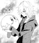  1boy :o anoko_(darenokoanoko) blush boku_no_hero_academia buttons collarbone commentary_request from_side greyscale highres holding_person hood hood_down hooded_jacket jacket kirby kirby&#039;s_dream_land kirby_(series) long_sleeves looking_at_another male_focus medium_hair messy_hair monochrome profile scar scar_on_face scar_on_mouth shigaraki_tomura shirt shoes translation_request upper_body wrinkled_skin 