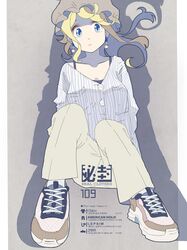  1girl beige_pants blonde_hair blue_eyes bra_strap buttons collarbone earrings fashion floating_hair full_body hat highres jewelry long_hair maribel_hearn mob_cap shirt shoes sitting sneakers solo striped striped_shirt tokoroten_(hmmuk) touhou 