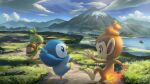  blue_sky chimchar clouds day grass hands_up happy highres ho-oh_(artist) jumping mountain no_humans open_mouth outdoors piplup pokemon pokemon_(creature) sky standing turtwig water 