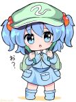 1girl backpack bag bangs blue_eyes blue_hair blue_jacket blue_skirt chibi cucumber eyebrows_visible_through_hair flat_cap food full_body green_bag green_headwear hair_bobbles hair_ornament hat holding holding_food jacket kawashiro_nitori key long_sleeves looking_at_viewer open_mouth pocket ramudia_(lamyun) short_hair simple_background skirt solo standing touhou translation_request twitter_username two_side_up white_background 