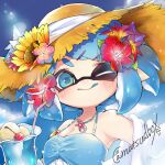  1girl bare_shoulders bloom blue_eyes blue_hair blue_sky blue_swimsuit blush close-up cup drinking_glass drinking_straw flower hair_flower hair_ornament hairclip hat hat_flower inkling jacket jacket_removed jewelry looking_at_viewer matsushita_(matsudbox) necklace one_eye_closed sky solo splatoon_(series) sun_hat sunflower sunlight swimsuit upper_body 
