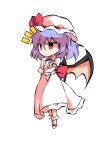  1girl bangs bat_wings black_eyes bow chibi closed_mouth collar collared_dress dairi dress eyebrows_visible_through_hair full_body hair_between_eyes hands_up hat hat_ribbon looking_to_the_side mob_cap no_shoes pink_eyes puffy_short_sleeves puffy_sleeves purple_hair red_bow red_ribbon remilia_scarlet ribbon short_hair short_sleeves simple_background smile socks solo standing tachi-e touhou white_background white_dress white_headwear white_legwear white_sleeves wings wrist_cuffs 