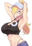  1girl armpits arms_behind_head band-width black_tank_top blonde_hair blue_eyes blue_shorts breasts commission glasses hat highres large_breasts long_hair panty_straps semi-rimless_eyewear shorts smile solo tank_top 