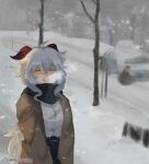  1girl alternate_costume blue_hair blurry blurry_background blush brei closed_eyes coat eyebrows_visible_through_hair ganyu_(genshin_impact) genshin_impact highres horns open_mouth scarf signature smile snow white_background winter winter_clothes 