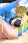  1girl atric18 bangs bikini black_bikini blonde_hair blue_hair blurry blurry_background blush breasts closed_mouth clouds colored_sclera commentary depth_of_field dragon_horns eyebrows_visible_through_hair from_side gradient_hair green_eyes green_hair halter_top halterneck highres horns huge_breasts leaning_back long_hair looking_at_viewer lucoa_(maidragon) multicolored_hair navel outdoors palm_tree plump reclining sitting smile solo swimsuit tree twitter_logo twitter_username very_long_hair violet_eyes web_address 
