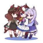  3girls ;) animal_ears ascot bangs black_dress black_hair blue_eyes blue_gloves blush boots bow brown_eyes brown_footwear brown_hair brown_shirt chibi closed_mouth colored_shadow commentary dress ear_bow ear_ribbon epaulettes eyebrows_visible_through_hair gloves green_bow green_ribbon hair_between_eyes hair_ribbon hitomiz horse_ears horse_girl horse_tail hug hug_from_behind jacket juliet_sleeves long_hair long_sleeves mejiro_mcqueen_(umamusume) multicolored_hair multiple_girls nice_nature_(umamusume) one_eye_closed pink_neckwear pink_ribbon pleated_skirt ponytail puffy_sleeves purple_hair purple_legwear purple_shirt purple_skirt ribbon school_uniform shadow shirt shoes short_eyebrows single_epaulette skirt sleeves_past_wrists smile streaked_hair symbol-only_commentary tail thick_eyebrows thigh-highs tokai_teio_(umamusume) tracen_school_uniform twintails umamusume very_long_hair violet_eyes white_background white_footwear white_hair white_jacket white_skirt 
