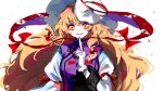  1girl bangs blonde_hair bow breasts censored closed_mouth dress eyebrows_visible_through_hair gap_(touhou) gloves hair_between_eyes hair_bow hand_up hat hat_bow long_hair long_sleeves looking_at_viewer medium_breasts mob_cap mosaic_censoring papang pointing puffy_sleeves purple_vest red_bow simple_background smile solo tabard teeth touhou upper_body vest white_background white_dress white_gloves white_headwear wide_sleeves yakumo_yukari yellow_eyes 