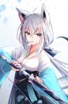  1girl absurdres ahoge animal_ear_fluff animal_ears bangs black_ribbon blue_eyes blue_hakama blue_skirt braid commentary_request cowboy_shot eyebrows_visible_through_hair fox_ears fox_girl hair_between_eyes hair_ribbon hakama hakama_skirt highres holding holding_sword holding_weapon hololive japanese_clothes katana kimono long_hair looking_at_viewer low_ponytail mouth_hold official_alternate_costume ribbon sarasuty sheath shirakami_fubuki side_braid silver_hair skirt solo stalk_in_mouth sword unsheathing virtual_youtuber weapon wide_sleeves 