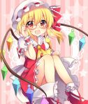  1girl :d adjusting_eyewear arm_up ascot back_bow blonde_hair blush bobby_socks bow buttons center_frills commentary_request eyebrows_visible_through_hair eyelashes fang flandre_scarlet frilled_shirt_collar frilled_skirt frills hat hat_ribbon highres looking_at_viewer mob_cap multicolored_wings open_mouth pink_background puffy_short_sleeves puffy_sleeves rainbow_order red_eyes red_ribbon red_skirt red_vest ribbon rimless_eyewear ruhika sash short_hair short_sleeves side_ponytail skirt smile socks solo starry_background striped striped_background thigh-highs touhou upper_body vest white_legwear white_sash wings wrist_cuffs yellow_ascot 