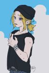  1boy a&#039;he_(the_legend_of_luoxiaohei) beanie belt black_headwear black_shirt blonde_hair blue_eyes blue_pants dated drruraguchi eyes_visible_through_hair hand_up hat highres pants parted_lips shirt sleeveless sleeveless_shirt solo sweat the_legend_of_luo_xiaohei upper_body 