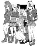  4girls :d @_@ aru_(blue_archive) bag bangs belt blue_archive boots bra coat coat_on_shoulders eyebrows_visible_through_hair fang flat_chest fur_trim greyscale hair_ornament hairclip haruka_(blue_archive) hat high_heels highres hood hoodie kayoko_(blue_archive) long_hair monochrome multicolored_hair multiple_girls mutsuki_(blue_archive) open_mouth pencil_skirt school_bag see-through shoes side_ponytail skirt smile sneakers squatting twintails two-tone_hair underwear urec 